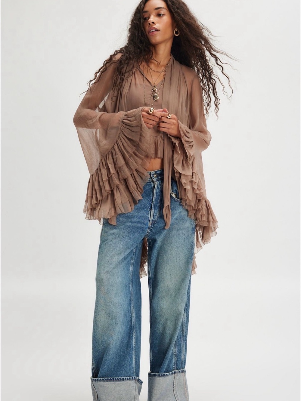 Free People Brown Sheer Ruffle-Trim Women's Blouse - Picture 2 of 3